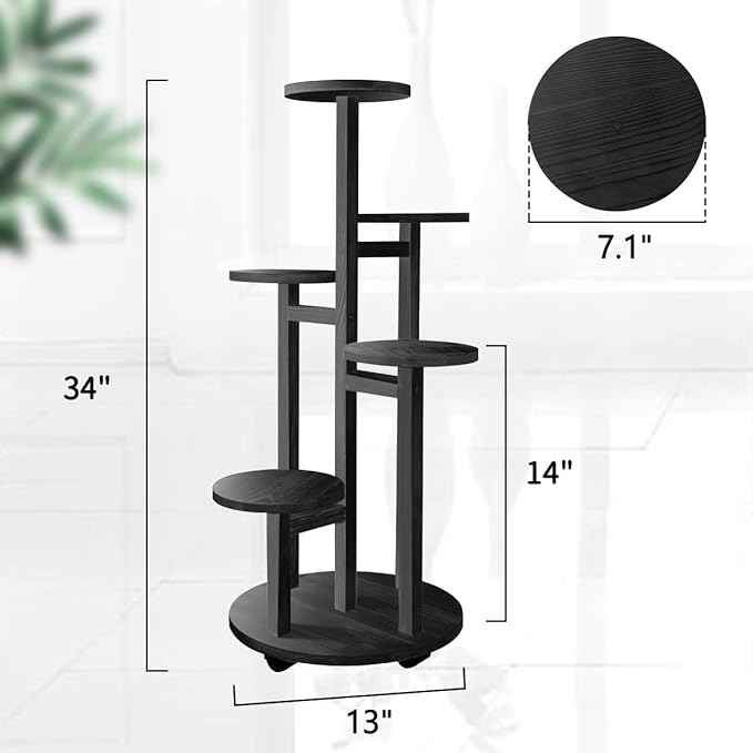 GEEBOBO 5 Tiered Tall Plant Stand for Indoor, Wood Plant Shelf Corner Display Rack, Multi-tier Planter Pot Holder Flower Stand for Living Room Balcony Garden Patio (Black)