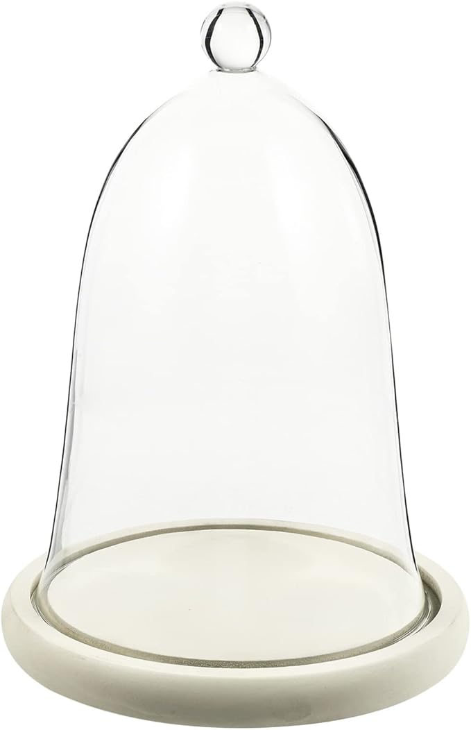 Clear Glass Dome Cloche with Rustic Wooden Base Antique Bell Jar Display Dome for Plants Succulents Fairy Lights Photos Medals Decorative Fill and More White