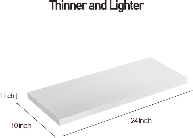 Wall Shelf Set of 1, White Floating Shelves 24 in W x 10 in D x 1 in H, Wooden Floating Wall Shelf with Invisible Brackets for Living Room/Bedroom/Bathroom/Kitchen Storage and Decor