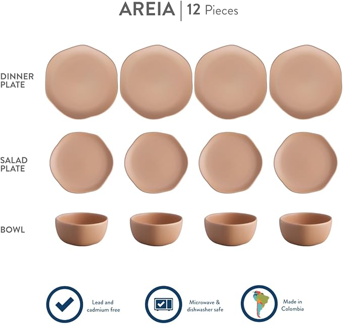 Corona Dinnerware Set 12–piece, Plates and Bowls Set, Ceramic Sets for 4, Microwave and Dishwasher Safe, Areia Modern Organic Shape.