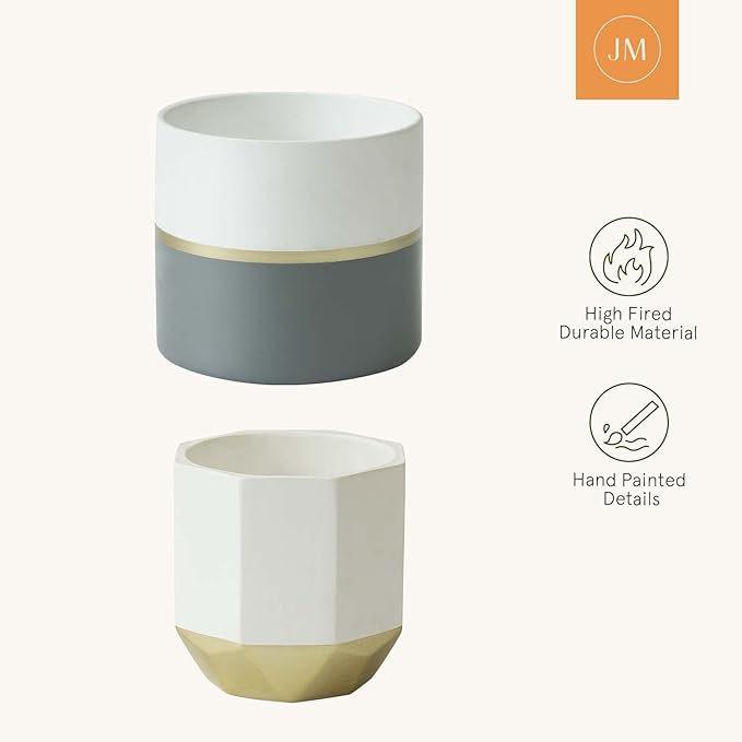 LA Jolie Muse White Ceramic Flower Pot Garden Planters 6.7 Inch Pack 2 Indoor Plant Containers with Gold and Grey Detailing