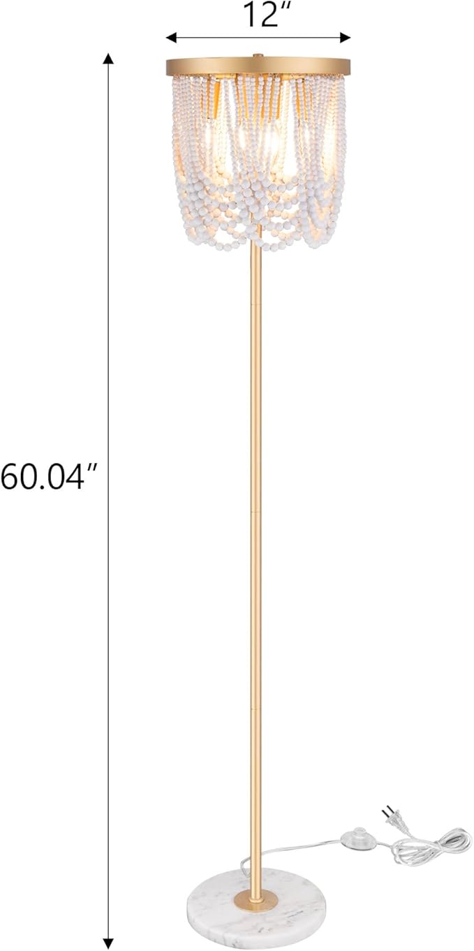 Wellmet Gold Floor Lamp With White Wood Beads for Living Room, Bedroom - Unique Round Decorative Lighting Fixture 60'' for Sofa, Bedside, Corner - DS-FL016