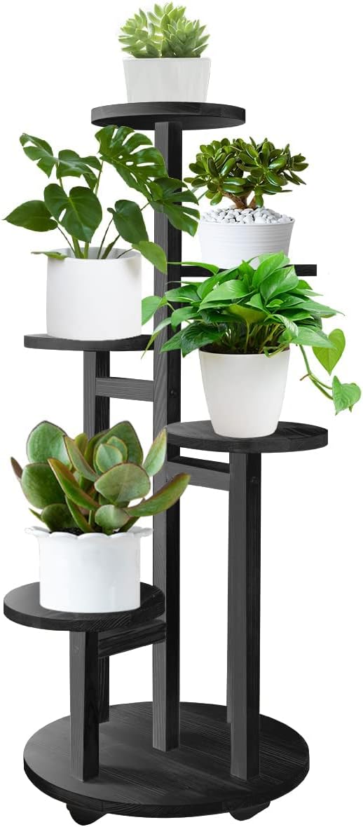 GEEBOBO 5 Tiered Tall Plant Stand for Indoor, Wood Plant Shelf Corner Display Rack, Multi-tier Planter Pot Holder Flower Stand for Living Room Balcony Garden Patio (Black)