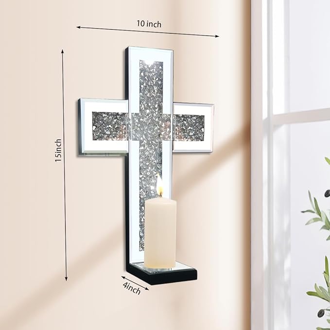 Crystal Crush Diamond Mirrored Candle Sconces, Silver Wall Candle Holder Set of 2, Wall Decoration for Living Room,Dining Room (Silver Cross)