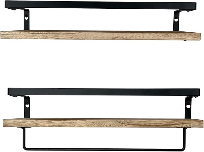 Wood Floating Shelves for Wall,Set of 2 Hanging Shelves with Towel Bar,Decorative Wall Shelves for Bedroom,Living Room,Bathroom,Kitchen