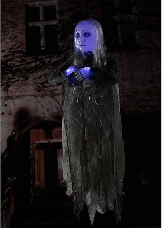 HollyHOME Animated Hanging Ghost with Glowing Head and Creepy Sounds Female Ghost Halloween Decorations Outdoor Haunted House Prop Decor 48 Inch