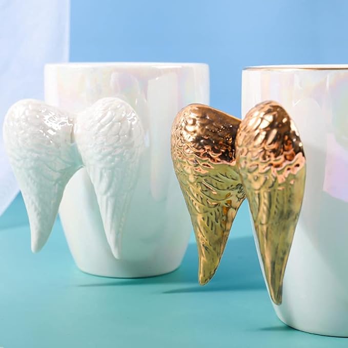 230ml Angel Wings Coffee Mug, Novelty Colorful Ceramic Cup with Angel Wing Handle, Gift for Mother's Day | Christmas | Birthday | Bridal Engagement | Wedding (White Handle)