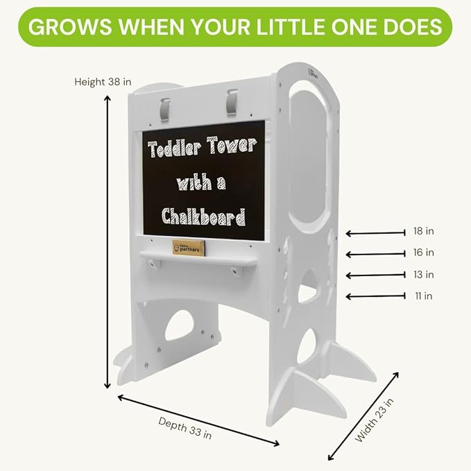 Little Partners Learning Tower Limited Edition Toddler Tower Step Stool Activity Center, Wooden Kids Learning Tower Standing Platform with Adjustable Height, Chalkboard, Safety Rails (Soft White)