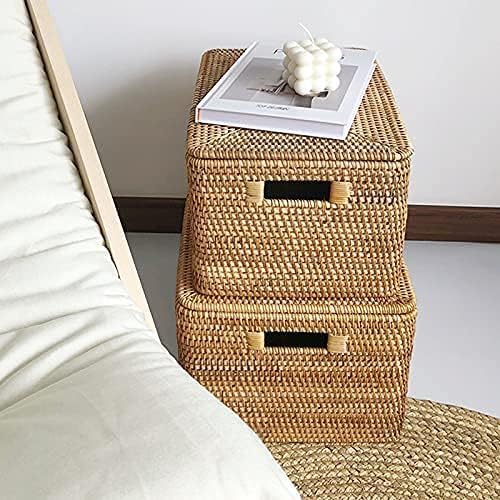 Rattan Basket With Lid, Large Lidded Basket For Storage(15.3" L×11.4"W×9.5"H)