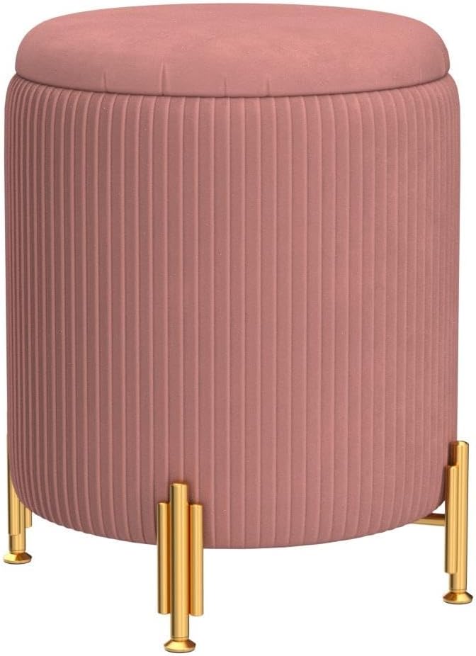 Mxfurhawa Round Ottoman Foot Stool with Storage and Metal Legs for Living Room Bedroom, Velvet Upholstered Footrest Stool Support 300lbs Modern Padded Seat Ottoman Coffee Table (Dusty Rose)