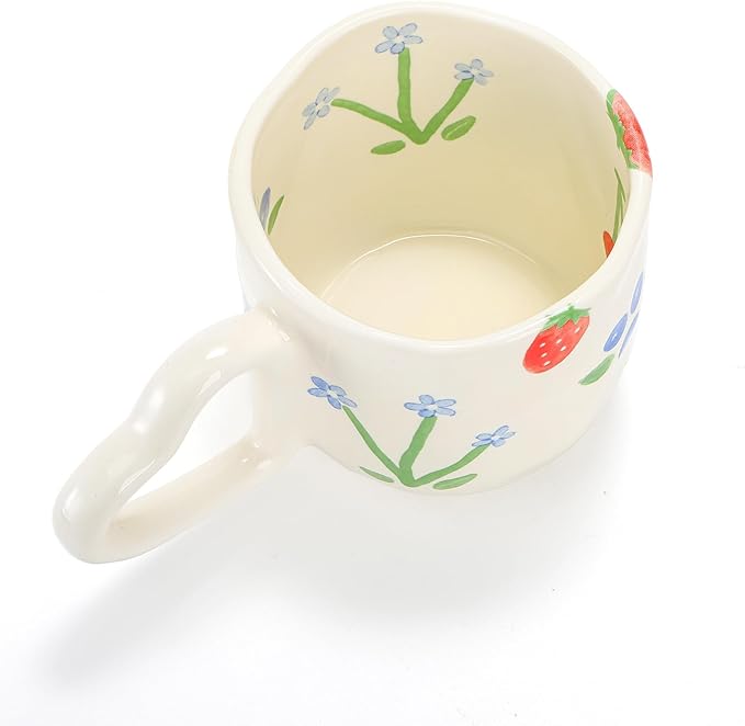 2 Pack Ceramic Coffee Mug, 10 Oz Cute Hot Chocolate Mugs with Heart Shaped Handle, Handmade Aesthetic Latte Cup for Women Girls, Tea Milk Cup Microwave Safe for Cocoa, Gift, Strawberry Floral