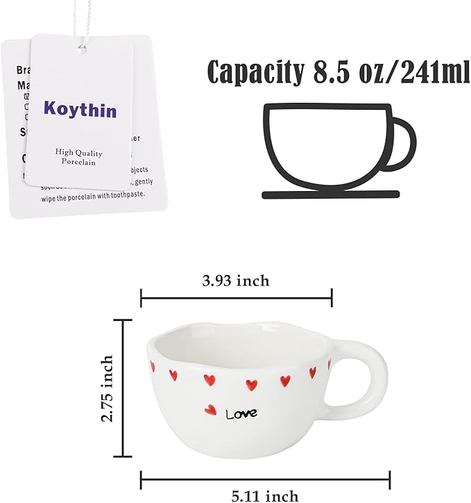 Koythin Ceramic Coffee Mug, Handmade Hot Chocolate Mugs, Cute Cup for Girl Women, Aesthetic Tea Milk Cup with Handle, 8.5 oz/250 ml for Latte, Cocoa, Office, Home (Little Heart Love)