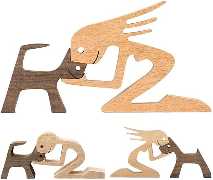 Unique Gift Hand Carved Wood Dog Human Statue Figurine Sculpture Home Office Décor, Wooden Man Dog Carving Model to Remember Friendship Between Dog and People (F)