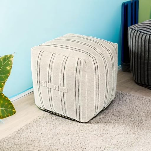 AELS Unstuffed Farmhouse Pouf Cover for Living Room, Boho Storage Bean Bag Cubes, Beige with Gray Stitch Yarn Dyed Stripe Linen Square Ottoman Pouf Foot Rest Footstool, 18"x18"x18", Cover ONLY