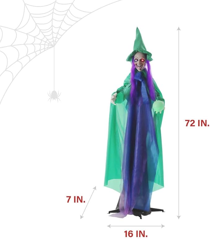 Haunted Hill Farm Talking Fortune Teller Witch Halloween Animatronic with Movement and Light-Up Crystal Ball for Scary Indoor or Covered Outdoor Halloween Decorations, Battery Operated Halloween Props