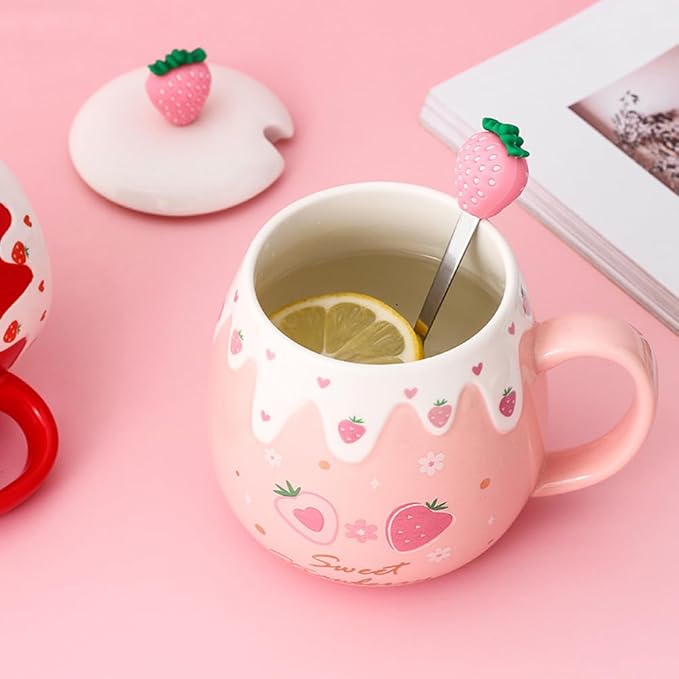 Pink Mug,Cute Strawberry Cup with Lid,Spoon and Coaster,Ceramic Coffee Mug, Kawaii Cup for Tea Milk,Women Girls Student Korean Style 450ML Christmas Birthday Gift