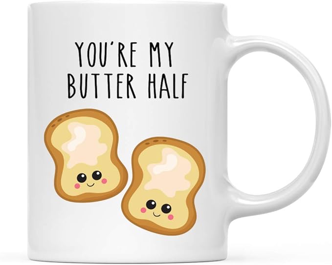 Andaz Press Valentine’s Day Funny 11oz. His Her Couples Coffee Mug Gift, You're My Butter Half, Bread Graphic, 1-Pack, Gift Box