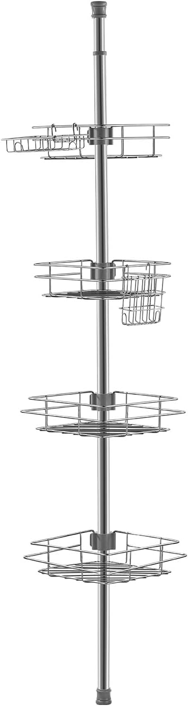 VEVOR Shower Corner Caddy Tension Pole, 42" to 114" High, Multi-Functional Shower Tension Pole with Strong Load-Bearing Tray, Rust-Proof Easy-to-Install, Fit for Bathroom & Washroom