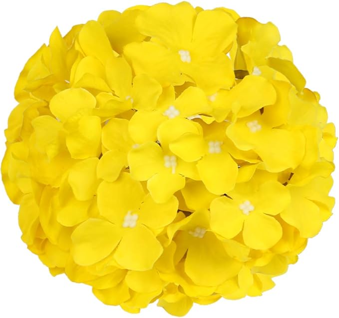 Flojery Silk Hydrangea Heads Artificial Flowers Heads with Stems for Home Wedding Decor,Pack of 10 (Yellow)