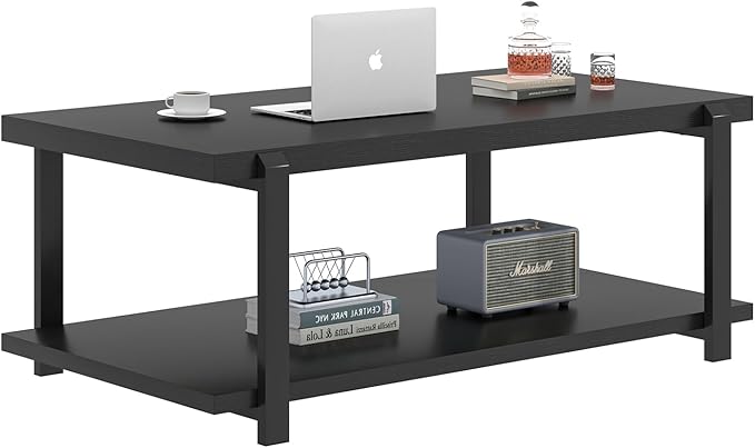 FOLUBAN Black Coffee Table, Modern Rustic Wood Center Table with Storage for Living Room, Industrial Rectangle 2 Tier Cocktail Tea Table, Black Oak