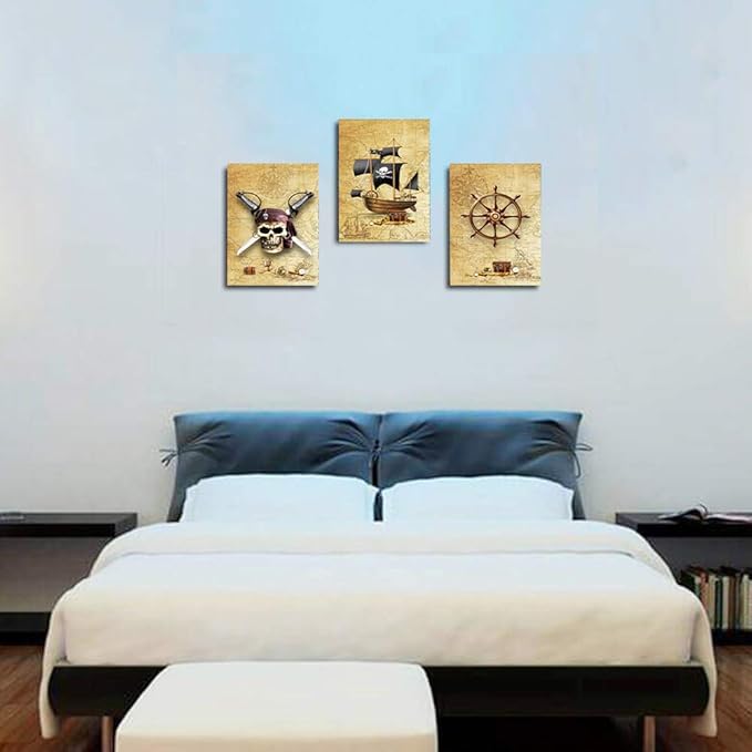 Pirate ship and rudders Canvas Wall Art for Living Room Bedroom Decoration wall painting,Bathroom Wall Decor Home Decoration kitchen posters artwork,Adventure map decoration 16x12 inch/ 3 piece set