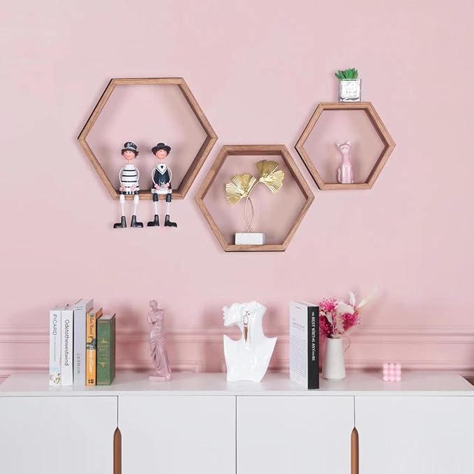 PHOENANCEE Hexagon Floating Shelves,Honeycomb Shelf,Wall Mounted Rustic Wood Octagon Storage Shelves Set of 3 for Living Room Bedroom Bathroom Office Hexagonal Decor(Carbonized Black)