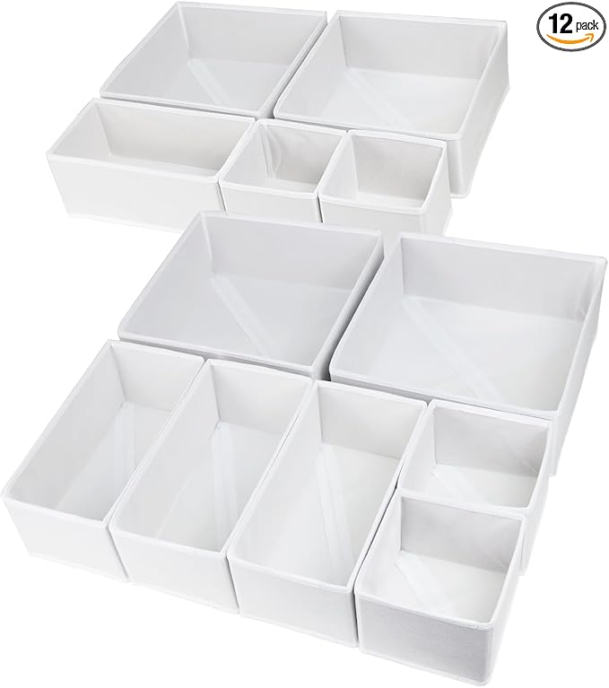 12 Pack Drawer Organizers for Clothing, Foldable Clothes Drawer Organizer for Underwear, Folded Clothes, Baby Clothing, Socks, Bra, Towels, Ties - Multi-pack Storage Box (White)