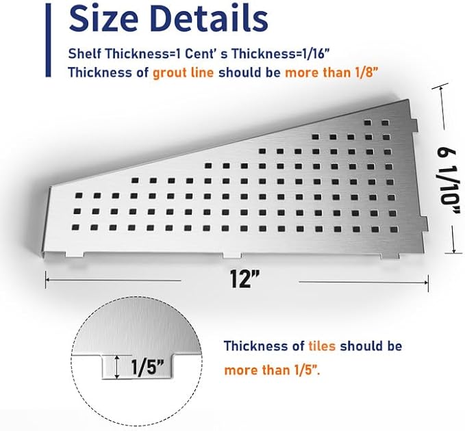 Corner Shower Shelf, 12" Trapezoid Floating Shelf, 304 Stainless Steel Grid Design Recessed Bathroom Shelf for Tiled Wall, No Drilling