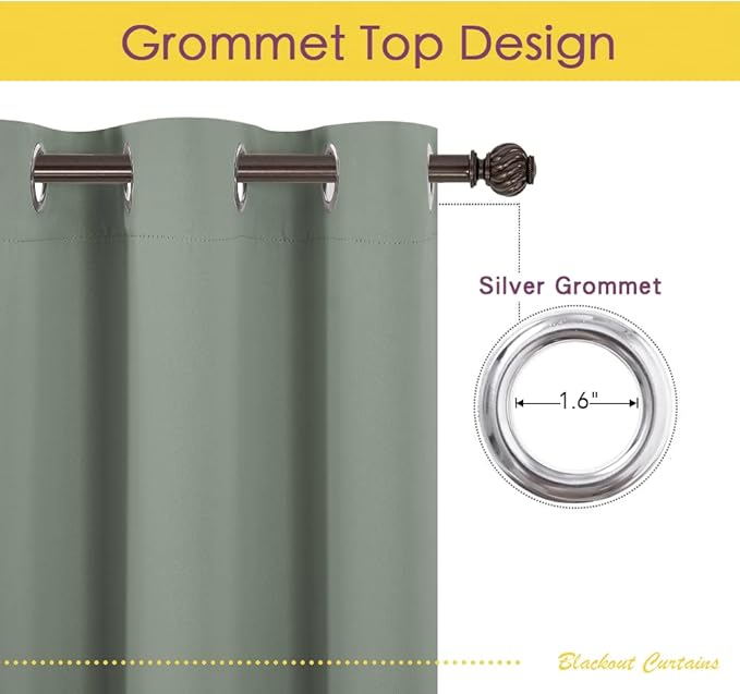 NICETOWN Thermal Insulated Greyish Green Curtains for Living Room, Window Treatment Solid Grommet Room Darkening Drape Panels for Bedroom (Set of 2, 70 by 95 inches Long)