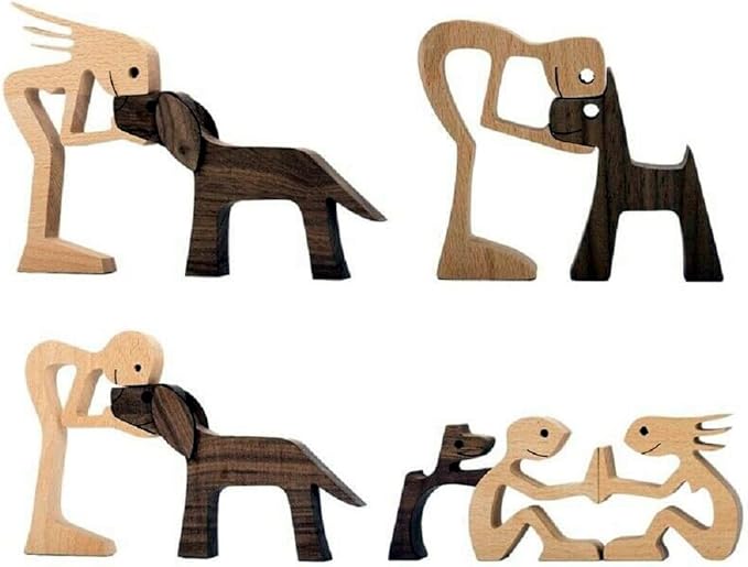 Unique Gift Hand Carved Wood Human Statue Figurine Sculpture Home Office Decor, Wooden Man Dog Carving Model to Remember Friendship Between Dog and People