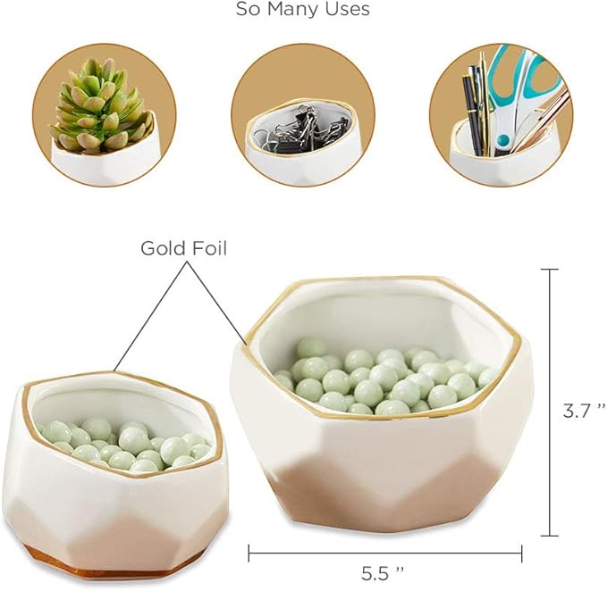 Kate Aspen Geometric Ceramic Planters Decorative Bowls, Small & Medium (Set of 2) , White