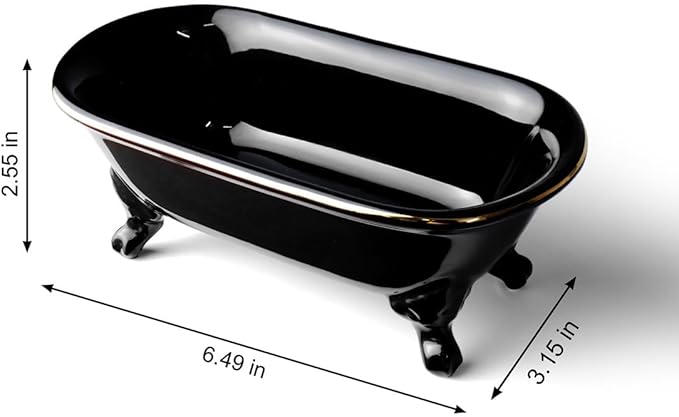 6.5" Ceramic Mini Decorative Clawfoot Bathtub Bar Soap Dish, Kitchen Sponge Holder and Shower Tray for Bathroom, 1 Pack (Black Gold Rim)