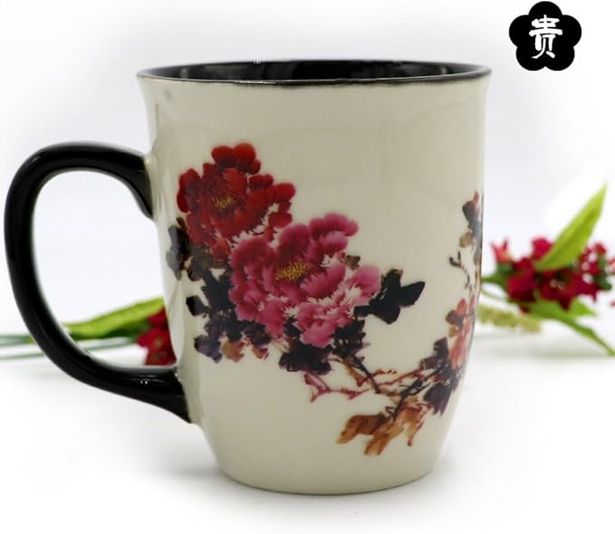 Heat Changing Magic Porcelain Coffee Mug for Mom Gifts Funny Tea Mug 16 oz Black Change into Multi Color Peony Painting
