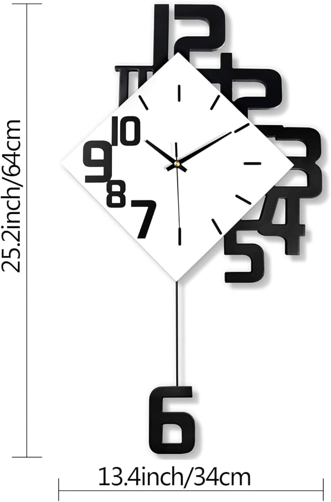 Large Wall Clock for Living Room Decor Pendulum Modern Kitchen Silent Big Wall Watch for Bedroom Black and White Decorative Office Non Ticking Battery Operated Wall Clock 25 Inch