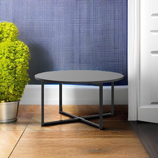 Household Essentials Jamestown Round Coffee Table Black Oak Wood Grain and Black Metal