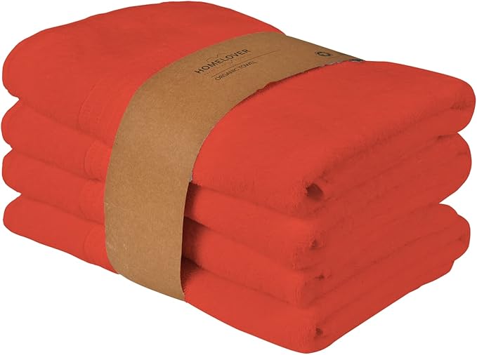 HOMELOVER 4 Piece Luxury Bath Towel Set - 100% Organic Cotton, 500 GSM, Hotel Quality, Highly Absorbent, Soft & Quick Drying Bathroom Towels for Showering, Washing & Guests (Coral Orange)