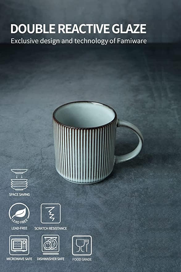 famiware Coffee Mug Set for 4, Star 12 oz Catering Mugs Cup Set with Handle for Coffee, Tea, Cocoa, Milk - Ceramic Stoneware Drinkware Set, Smoky Blue
