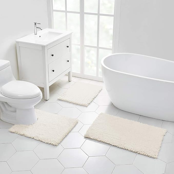 Walensee Bathroom Contour Rug Non Slip Toilet U Shaped Bath Mat (20x24, Ivory) Water Absorbent Super Soft Shaggy Chenille Machine Washable Dry Extra Thick Perfect Absorbant Best Plush Carpet