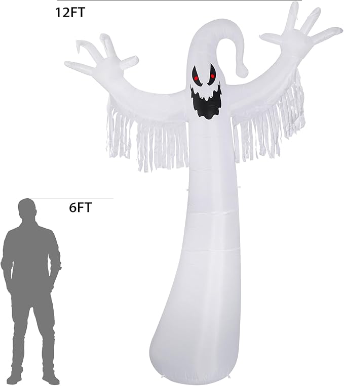 Sizonjoy 12 FT Halloween Decoration Inflatable Ghost, Blow Up Animated Red Eyes Ghost with Build-in LEDs, Outdoor Scary Inflatable Decoration for Front Yard, Porch