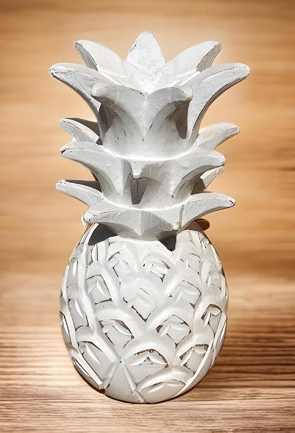 9 1/2" Solid Wood Pineapple Decor - Tabletop Bar Counter Decorative Tropical Art Display Sculpture - White Distressed Finish
