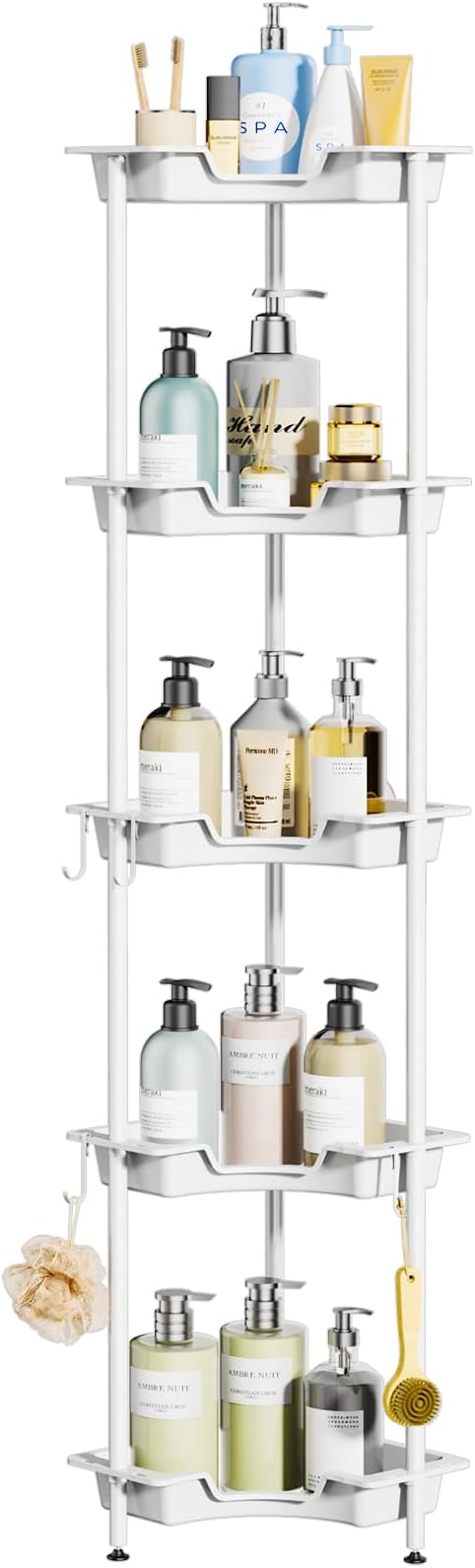 SWTYMIKI Corner Shower Caddy Standing - 5 Tier Floor Standing Shower Organizer with 4 Hooks, Plastic & Stainless Steel Waterproof Corner Stand Shower Shelf Storage Rack for Bathroom, Bathtub, White