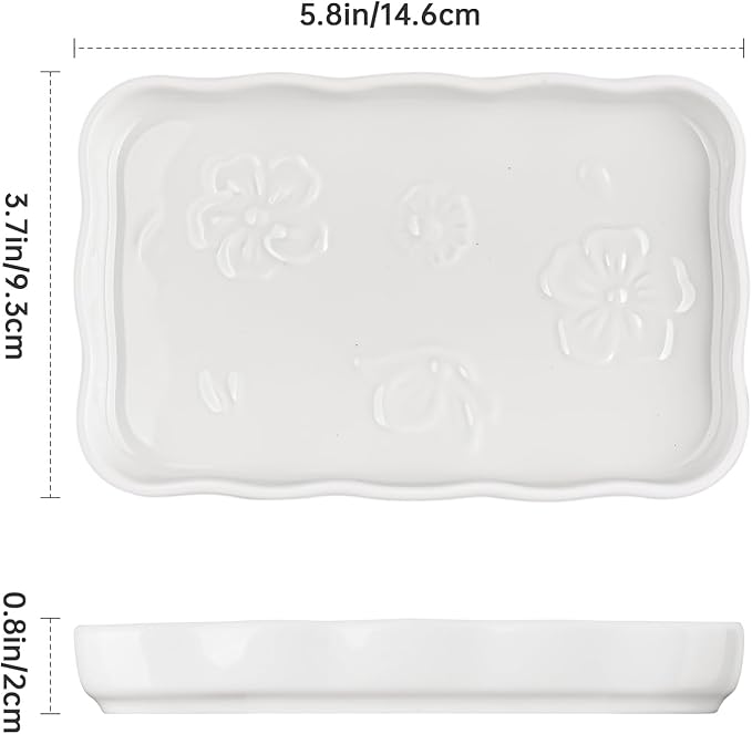 NiHome Ceramic Soap Dish for Bathroom or Kitchen Sink, Raised Floral Design Compact Size 5.7"x3.6"x0.78", Easy to Clean Moisture-Resistant Smooth Surface, Versatile Use for Soap, Jewelry & Accessories