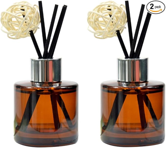 2Pcs 50Ml/1.7oz Empty Amber Round Glass Diffuser Bottles with Silver Cap Refillable Essential Oil Jars Containers Fragrance Accessories Use for DIY Crafts Decor (Diffuser Sticks Excluded)