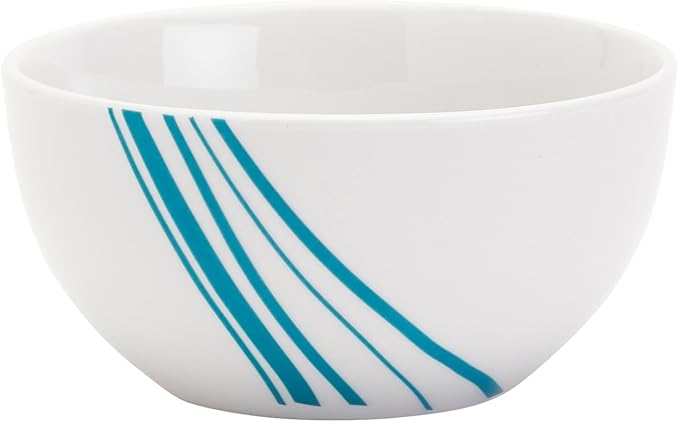 Tabletops Gallery 12-Piece White with Teal Striped Ceramic Dinnerware Set of Kitchen Dishes, Round Dinner Salad Plates Cereal Bowls, Service for 4, Marina