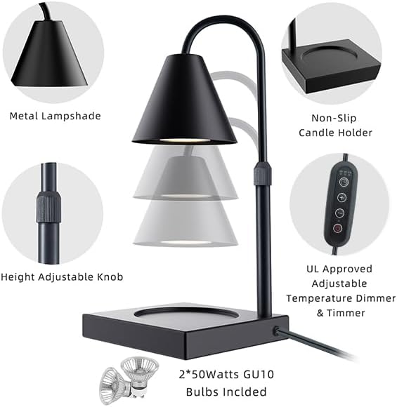 Candle Warmer Lamp, Stepless Dimming Candle Warmer Lamp with Timer & Dimmer Height Adjustable Compatible with Jars Scented Wax for Home Decor (Metal Base-Black)