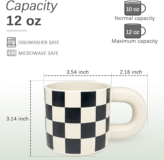 Ceramic Coffee Mug,Tea Cup with Porcelain Fat Round Handle,Dishwasher&Microwave Safe Mug to Decorate,12 oz, Modern,Simplicity Unique Style For Any Kitchen. (Checkerboard)
