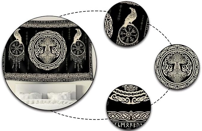 Hajmsug Vikings Tapestry,Black and White Tree Bird of Wisdom Celtic Rune Ancient Rune Totem Norse Mythology Medieval Viking Wall Art,Aesthetic Mythology Tapestry for Bedroom Living Room,71X60 Inch.