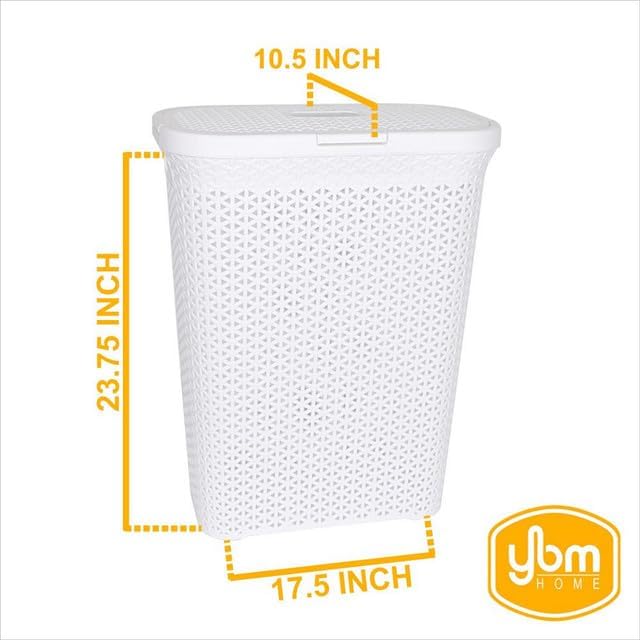 YBM Home Plastic Rattan Laundry Hamper Basket with Hinged Lid, Ventilation Holes, Durable, Lightweight Bin With Cutout Handles, Storage Dirty Clothes, Space Saver, 10.5" x 17.5" x 23.75", White