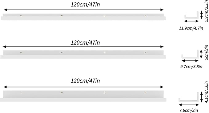 Giftgarden 47 Inch White Floating Shelves for Wall Mount, Modern Long Wood Wall Shelf Ledge for Bathroom Bedroom Living Room Kitchen Nursery Storage, Set of 3 Different Sizes
