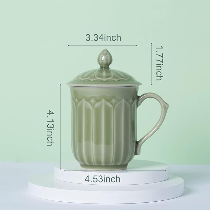 Porcelain Lotus Tea Cup with Lid and Handle, 12 oz Unique Coffee Mug, Microwave Dishwasher Safe, Gifts for Women and Men, Aesthetic Chinese Celadon 1 Pack (Kiwi Green)